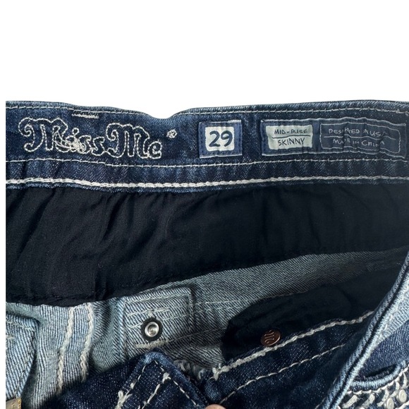Miss Me Women's Y2K Dark Wash Mid-Rise Skinny Jeans Embellished Pockets Size 29 - Picture 6 of 11